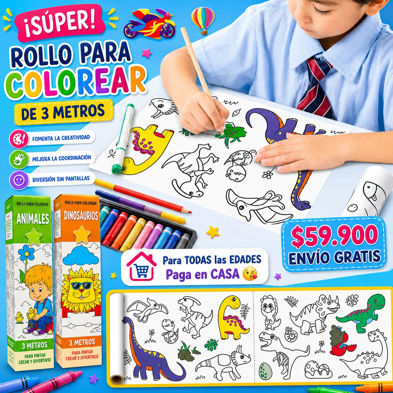 Rollo para Colorear Infantil 3 Metros – Papel Adhesivo con Diseños (x2)