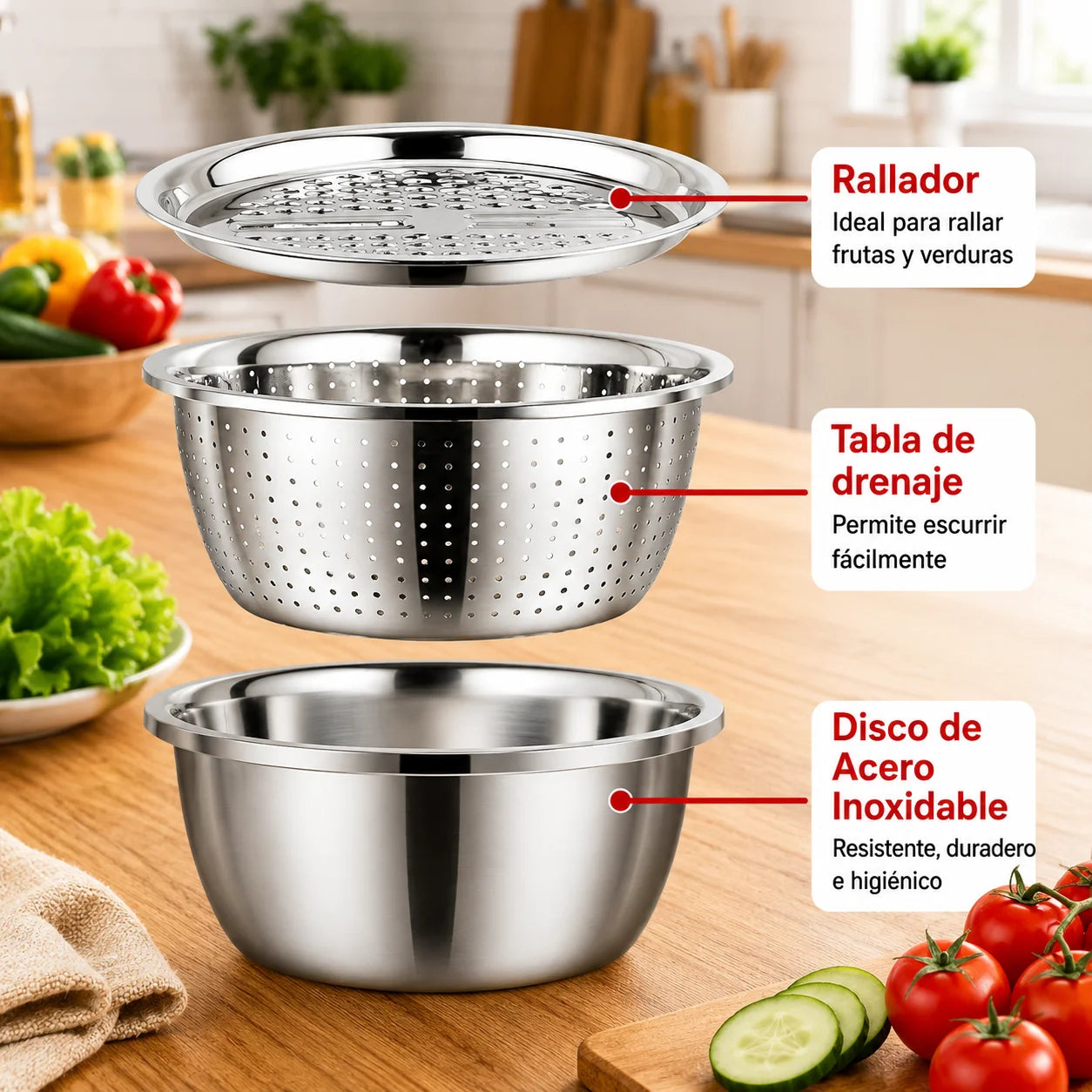 Set Bowl con Colador y Rayador 3L – Tapa Perforada, Escurridor y Rayador