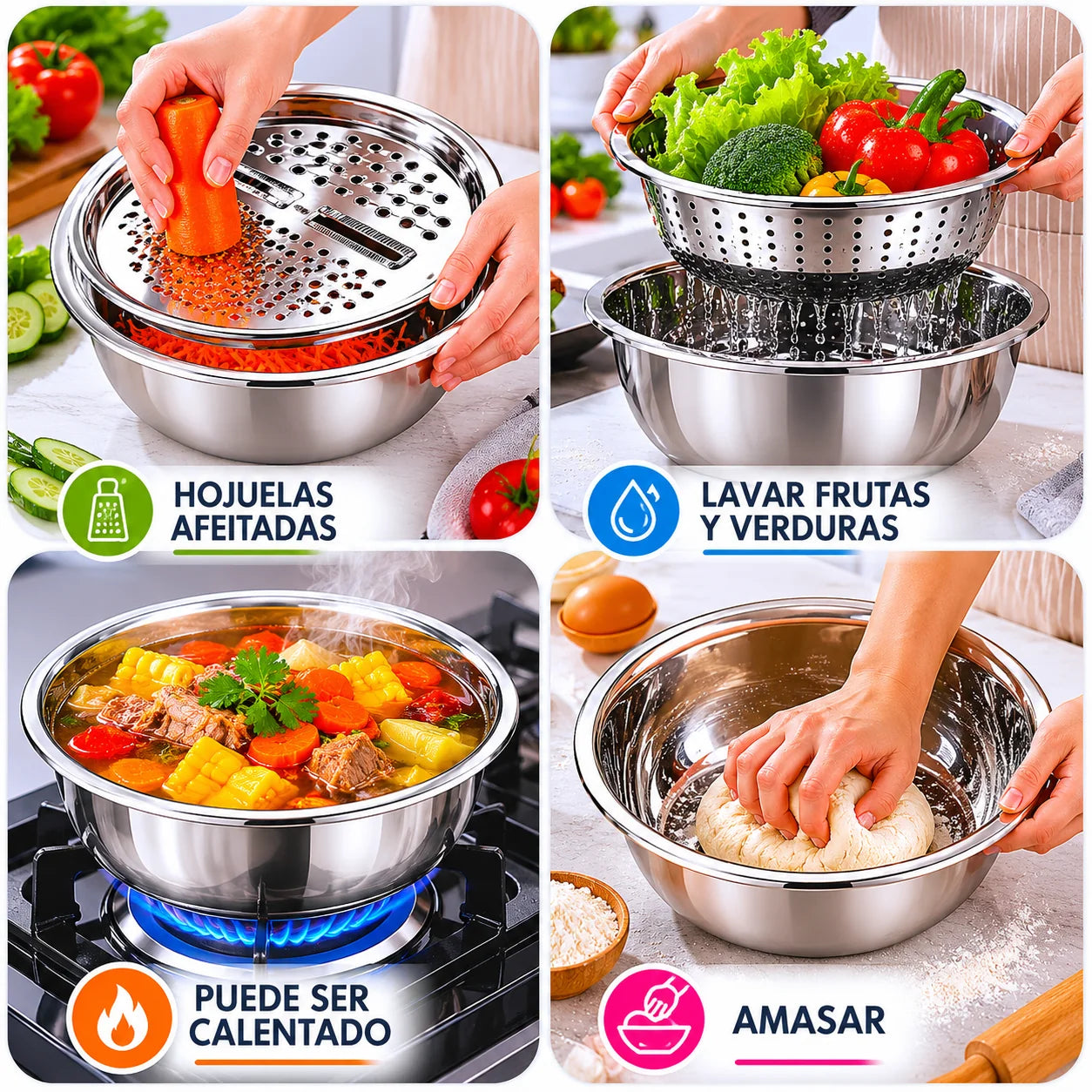 Set Bowl con Colador y Rayador 3L – Tapa Perforada, Escurridor y Rayador