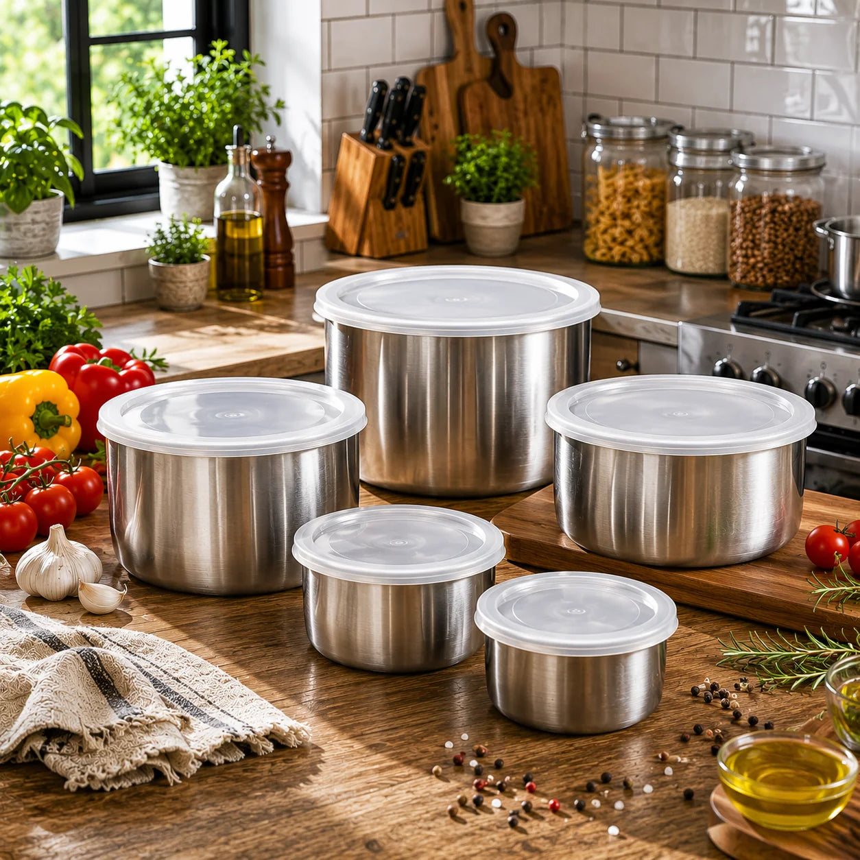 Set de 5 Bowls de Acero Inoxidable con Tapa Hermética