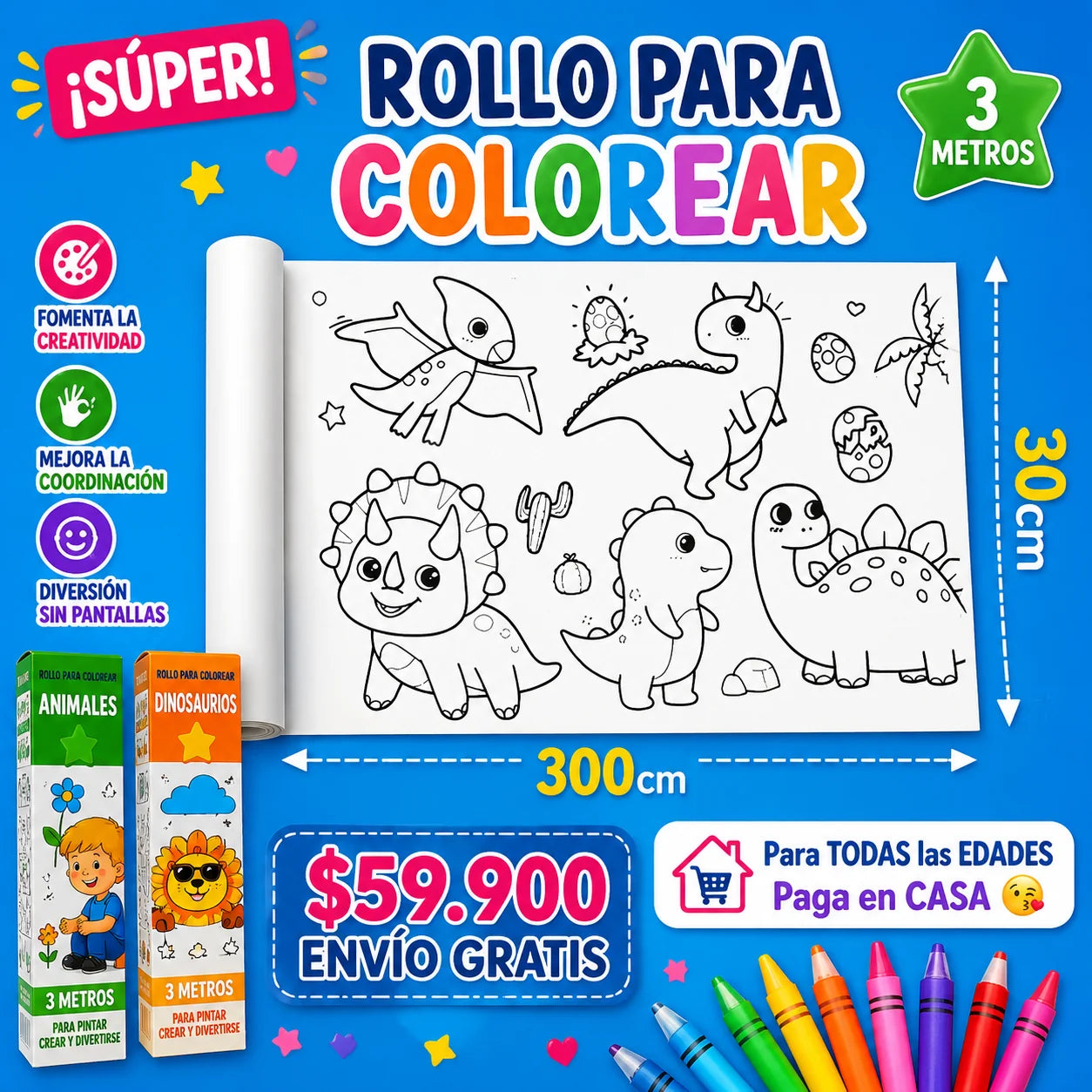 Rollo para Colorear Infantil 3 Metros – Papel Adhesivo con Diseños (x2)