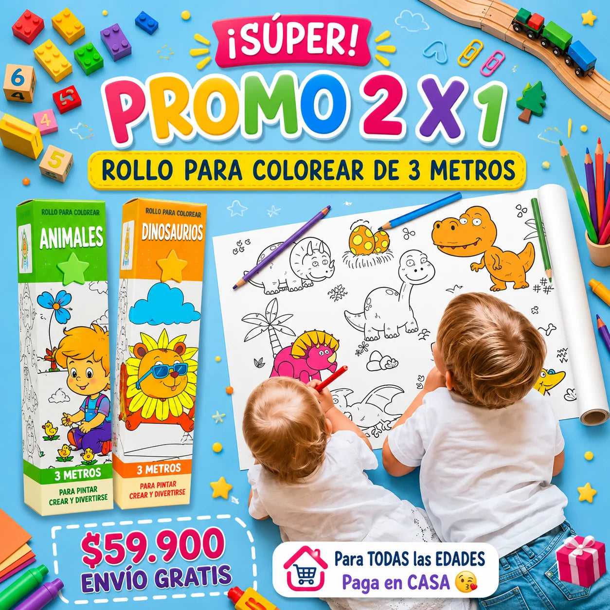 Rollo para Colorear Infantil 3 Metros – Papel Adhesivo con Diseños (x2)