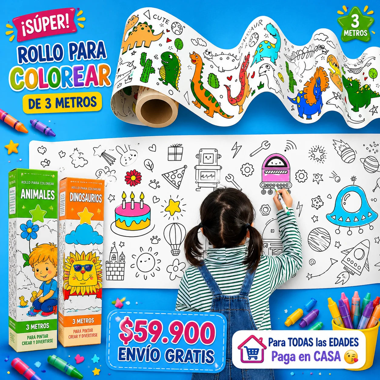 Rollo para Colorear Infantil 3 Metros – Papel Adhesivo con Diseños (x2)