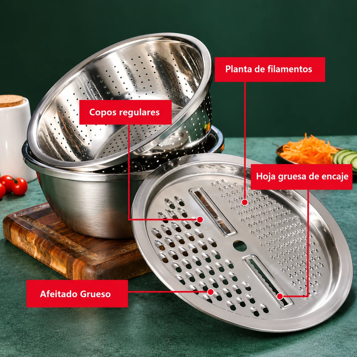 Set Bowl con Colador y Rayador 3L – Tapa Perforada, Escurridor y Rayador