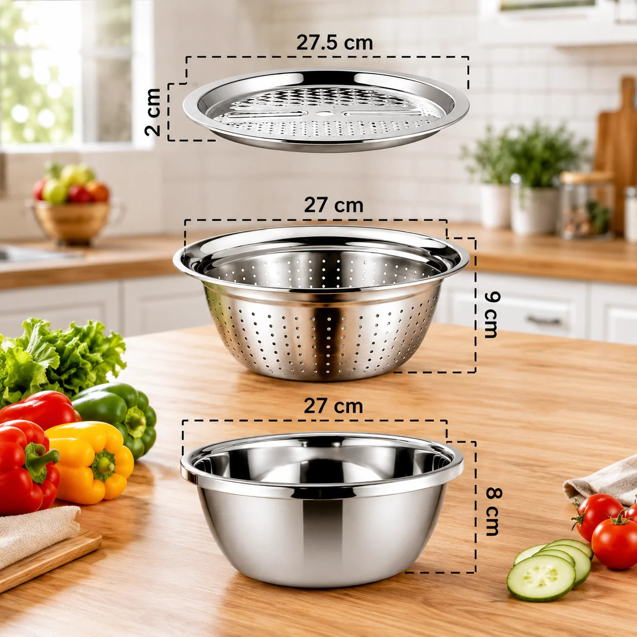 Set Bowl con Colador y Rayador 3L – Tapa Perforada, Escurridor y Rayador