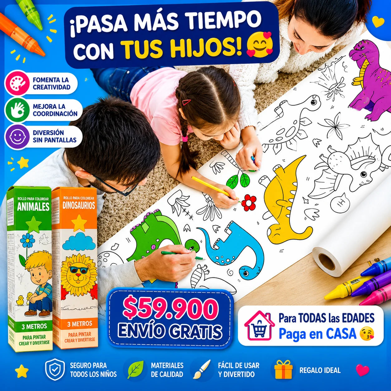 Rollo para Colorear Infantil 3 Metros – Papel Adhesivo con Diseños (x2)