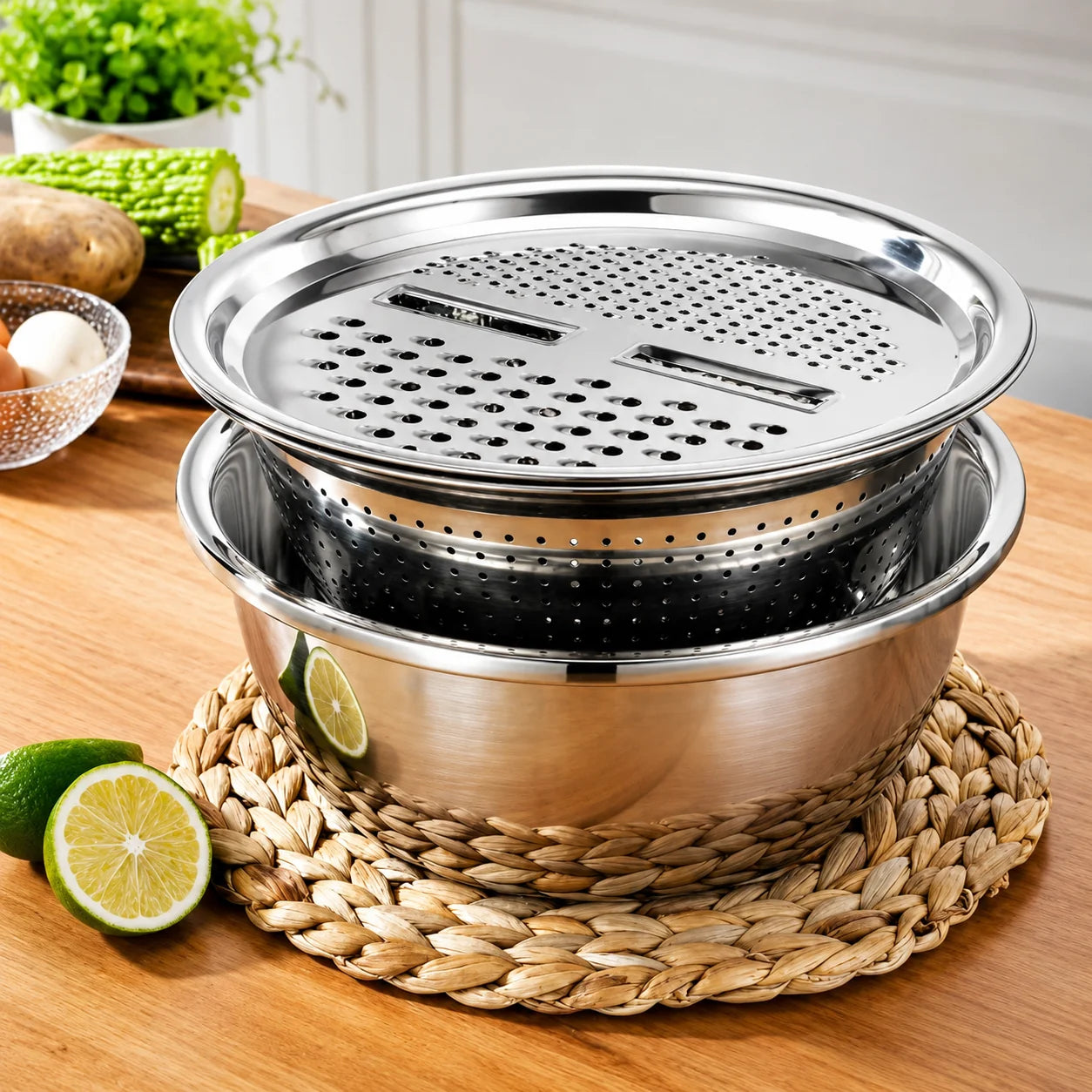 Set Bowl con Colador y Rayador 3L – Tapa Perforada, Escurridor y Rayador