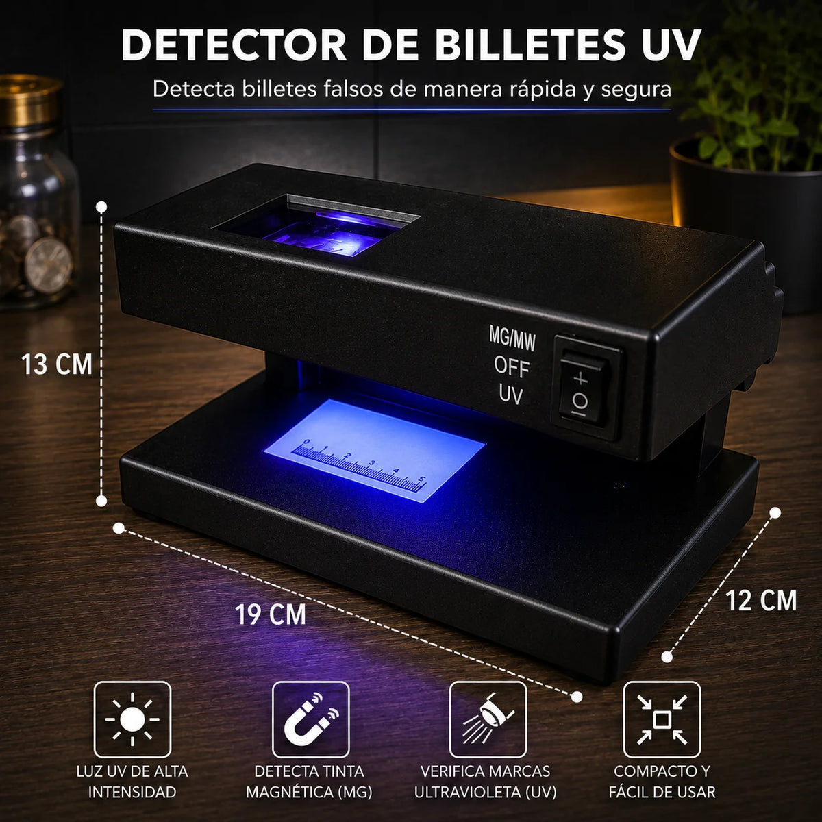 Detector de Billetes Falsos UV con Lupa y Pantalla LCD