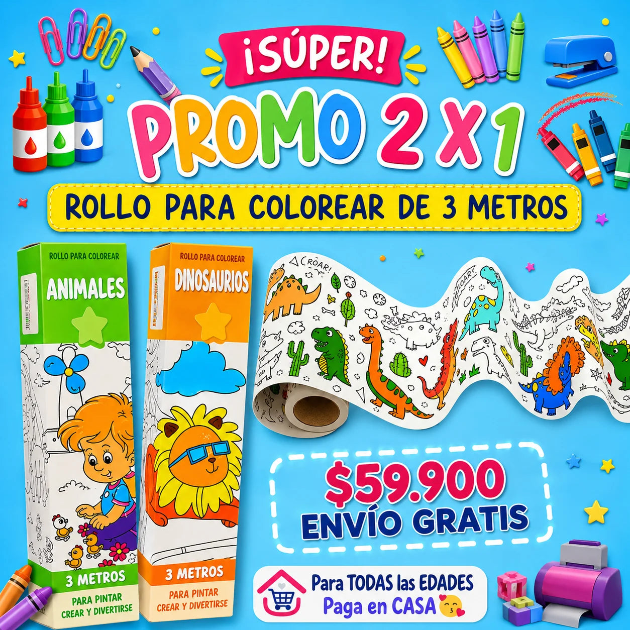 Rollo para Colorear Infantil 3 Metros – Papel Adhesivo con Diseños (x2)
