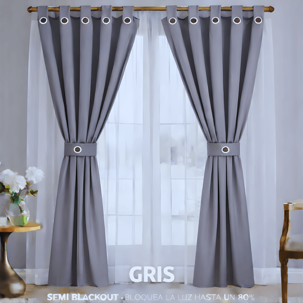 Cortinas Semi Blackout Jacquard 2 Paños 140x210cm Con Velo