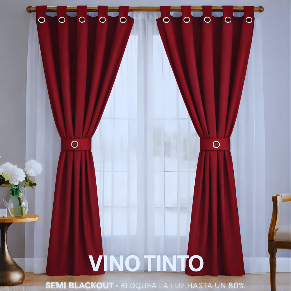 Cortinas Semi Blackout Jacquard 2 Paños 140x210cm Con Velo