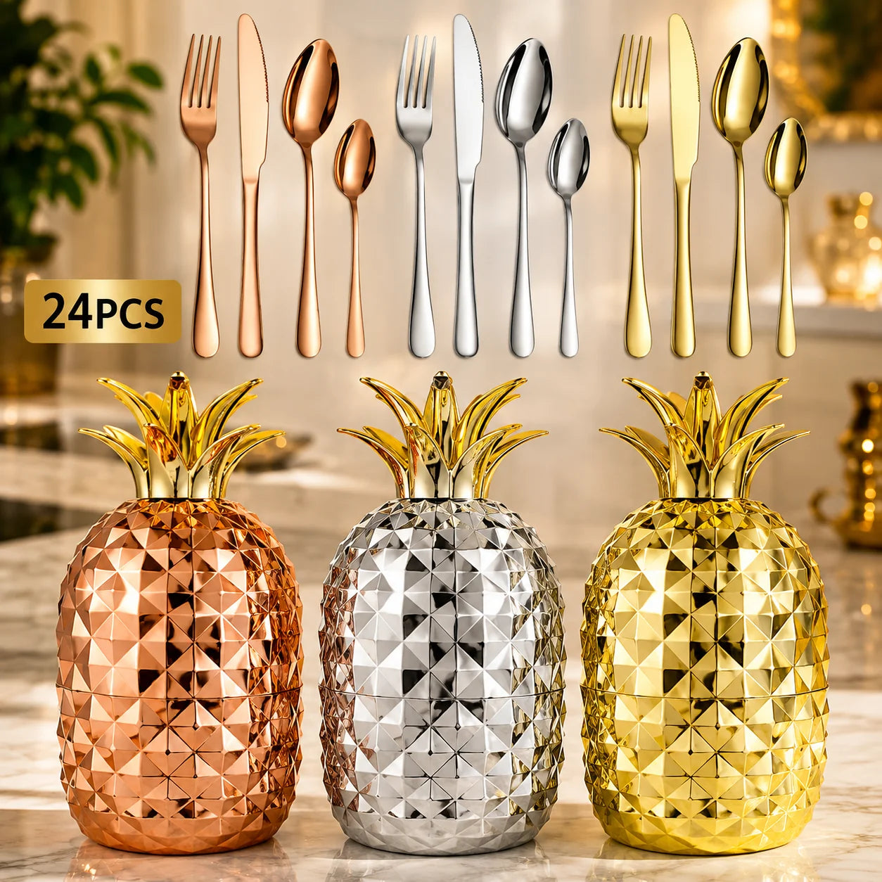 Set de Cubiertos 24 Piezas Acero Inoxidable 304 – Oro Rosa, Plateado y Dorado