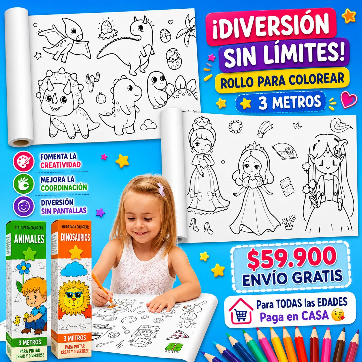 Rollo para Colorear Infantil 3 Metros – Papel Adhesivo con Diseños (x2)