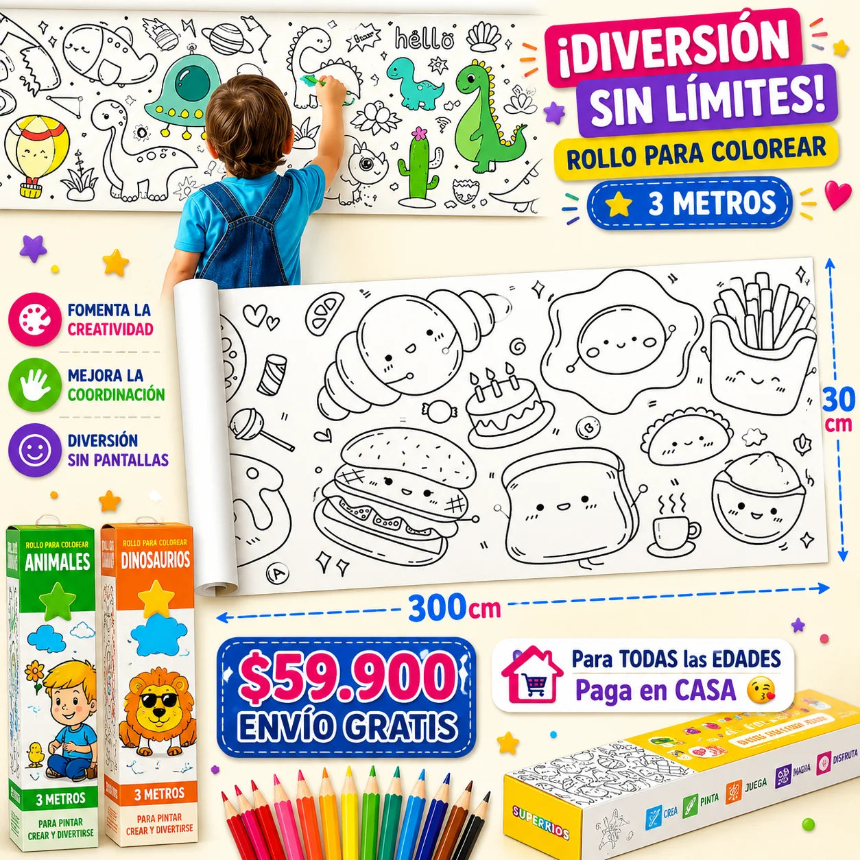Rollo para Colorear Infantil 3 Metros – Papel Adhesivo con Diseños (x2)