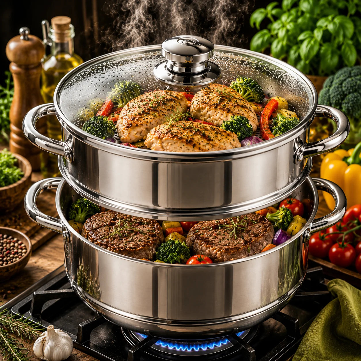 Olla de Cocina al Vapor Acero Inoxidable 2 Niveles
